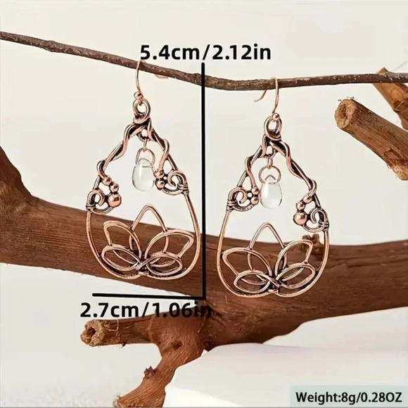 Champagne Lotus Flower Drop Hoop Earrings - Picture 5 of 6